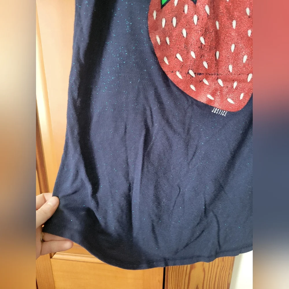 Justice Girls Navy Blue Graphic T-Shirt Top with Glitter Strawberry 14